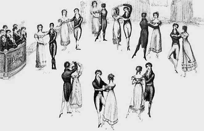 Thomas Wilson Correct Method of German and French Waltzing 1816, showing nine positions of the Waltz.